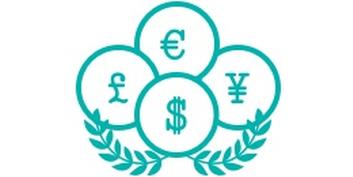 Dollar, euro, yen, and British pounds as symbols surrounded by a laurel wreath